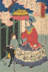 フランス人女性、彼女の子供、愛犬、1860 年 10 月。 作： Utagawa Hiroshige II