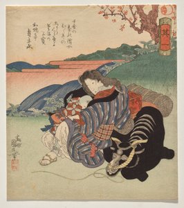 牛に寄りかかって休む女性と少年