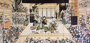 歌川国丸（1794-1829）の浮世絵「江戸の歌舞伎」、木版画、日本の文明、江戸時代