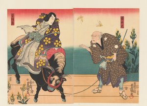 農夫が黒牛に乗って廷臣を護衛する 作： Utagawa Kunisada (I)