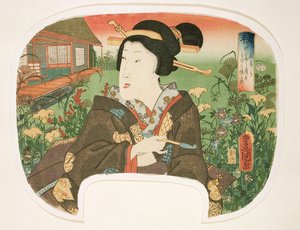 秋、花やしき：パイプが施された芸者、季節を示す4つのセットのファン用のデザイン、1858年から60年（木版画）