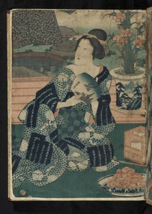 Avant et après - 「The Sixth Month」より、座った日本人女性が扇子を持っています。夏の洗濯物を干す様子 作： Utagawa Kunisada