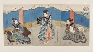 闘鶏の美女たち（美人画）（カラー木版画