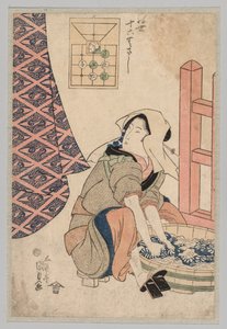 着席した女性が木製の浴槽で洗濯 作： Utagawa Kunisada