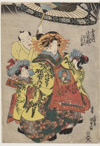 雨の中を徘徊するタメイの遊女花紫と小色部 作： Utagawa Kunisada