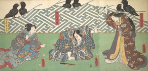 Three Actors on Stage: Kumagai Naozane, 1858., 1858. 作： Utagawa Kunisada