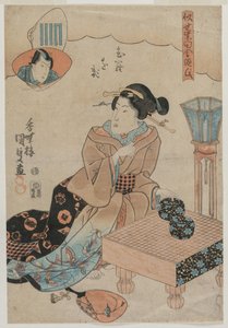 囲碁をプレーする準備をしている女性。 作： Utagawa Kunisada