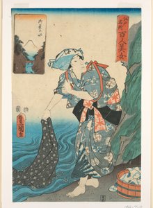 小川で布を洗う女性 作： Utagawa Kunisada