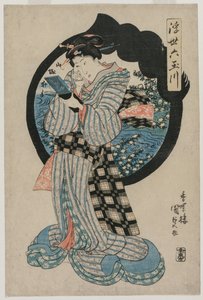 シリーズ「浮世の六多摩川」の手鏡を持つ女性c。 1830年代初頭 作： Utagawa Kunisada