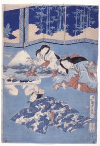 Kevät toivottaa tervetulleeksi kukkaistuimella (Hana Soroi Haru No Taimen) (värillinen puupainatus) 作： Utagawa Kunisada II