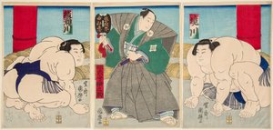 大相撲の力士、境川と綾瀬川の戦い。歌川国輝（1808-1876）の版画 作： Utagawa Kuniteru