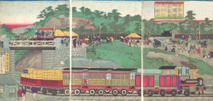 東京の高輪鉄道を走る蒸気機関車のイラスト Tokyo ta..., ca. 1873年。 作： Utagawa Kuniteru