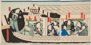 大相撲の大力丸が友人たちと船に乗っている様子。歌川国輝（1808-1876）の版画 作： Utagawa Kuniteru