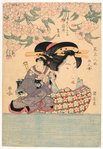 ペンタプティク: 人形劇を持つ 5 人の少女 作： Utagawa Kuniyasu
