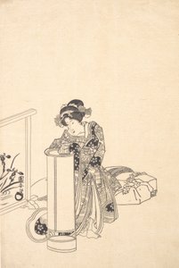 若い女性が背の高いランプにもたれかかっています。 作： Utagawa Kuniyasu