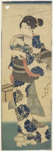 （ファンとクリケットのケージを持つ女性）、1843-1847 作： Utagawa Kuniyoshi