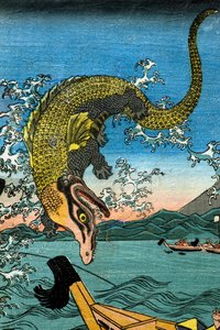 朝比奈義秀が鎌倉小坪の海で2匹のワニと戦った話 作： Utagawa Kuniyoshi