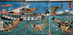 朝比奈義秀が鎌倉小坪の海で2匹のワニと戦った話 作： Utagawa Kuniyoshi