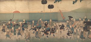 大名行列を演じる少年たち、19世紀。 作： Utagawa Kuniyoshi