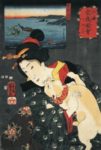 猫を抱っこしている若い女性のクローズアップ 作： Utagawa Kuniyoshi