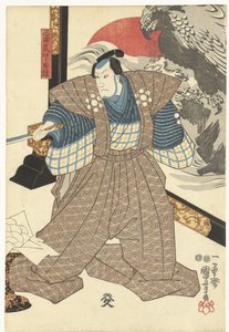屏風に立つ三人の役者