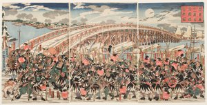 忠臣蔵」第11幕：忠臣蔵」第十一幕 両国橋に集結する忠臣たち 作： Utagawa Kuniyoshi