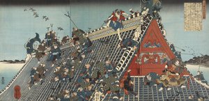 八剣伝の内：法隆閣;法隆閣の屋上、1836- 1837年（版画、三連祭壇画） 作： Utagawa Kuniyoshi