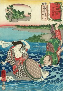 久米仙人は、岩の上にしゃがんでいる素っ裸の女を見て川に落ちた」『ステーション45』（林正日刊）（カラー木版画 作： Utagawa Kuniyoshi