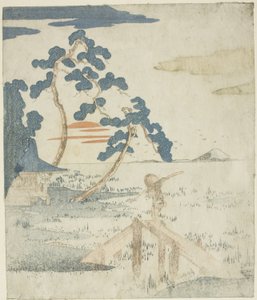 『富士五番の内』シリーズ挿絵無題版（詩なし）より 橋を渡る男 昇る日 作： Utagawa Kuniyoshi