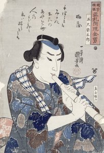 フルートを吹く男（木版画）