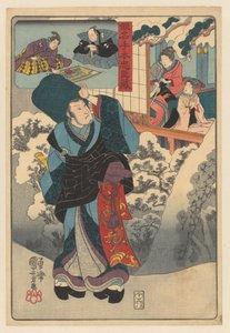 雪景色の中を旅する僧侶が女性と子供と一緒に部屋をのぞき込む かなでほん忠臣蔵 作： Utagawa Kuniyoshi