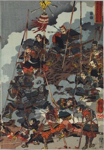 Sheet from a colour woodblock print triptych, entitled Eiroku yonnen kugatsu yokka Kawanakajima kassen ni Yamamoto Kansuke nyd no uchijini no zu