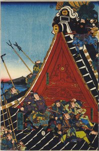 H？ryukaku sh？と題されたカラー木版画三連祭壇画のシート曲亭馬琴の八犬伝が、犬塚志乃の寺院の屋根で喧嘩をしているシーンを描いたのず 作： Utagawa Kuniyoshi