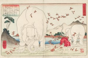 象とスズメの群れの助けを借りて畑を這う泰順、一湯斎国芳画、1843年頃（カラー木版画）に署名 作： Utagawa Kuniyoshi