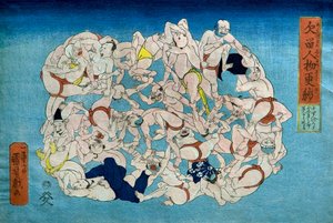 あくびを止める人のテキスタイルパターン（あくび留め人身サラサ 作： Utagawa Kuniyoshi