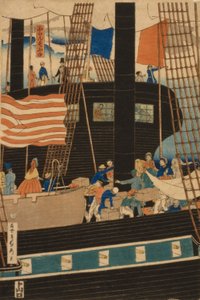 1861年に横浜で貨物を積んだ西洋の商人 作： Utagawa Sadahide