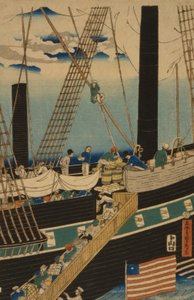 1861年に横浜で貨物を積んだ西洋の商人 作： Utagawa Sadahide