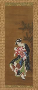 新年の母と子（シルクのインクと色） 作： Utagawa Toyoharu