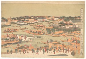 江戸・中洲の新しい大橋 作： Utagawa Toyoharu