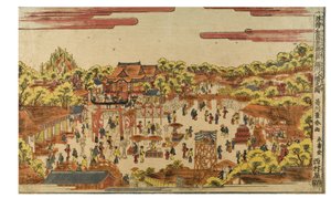 深川沿いの八幡神社の透視図、1770〜1780年頃（紙に木版画） 作： Utagawa Toyoharu