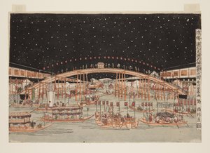 浮絵浪花天満天神夜祭之図（カラー木版画）（うきえなにわてんまてんじんよるまつりのず