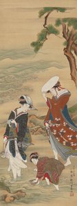 海岸にいる二人の女性と少女 作： Utagawa Toyoharu