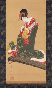 箏を弾くために指バチをつける女性、19世紀初頭。