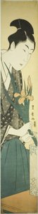 花瓶にアイリスを配置する若い男 作： Utagawa Toyohiro