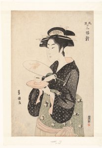 ウエイトレスの沖田さんの似顔絵。 エレガントな美しさのトリプティク フリュー サンプクツイ 作： Utagawa Toyokuni (I)