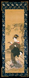 ベランダで三味線を調律する女性の全身像（スミ、ゴフン、シルクの色）。 作： Utagawa Toyokuni