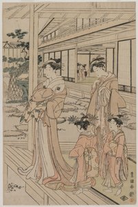 ベランダに立っている遊女、1790年代初頭。 作： Utagawa Toyokuni
