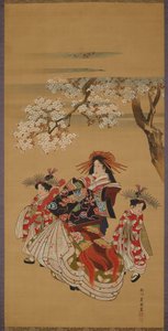 桜の下の遊女と二人の禿 作： 歌川豊国