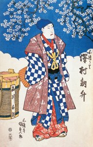 着物姿の役者とリンゴの花をあしらった背景 歌川豊国作 木版画 作： Utagawa Toyokuni