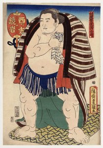 歌川豊国（1769-1825）によるエングレーヴィング（1847年頃） 「Portrait du lutteur de Sumo Kagamiiwa du cote ouest」（西の相撲取りの鏡岩） 個人蔵 作： Utagawa Toyokuni